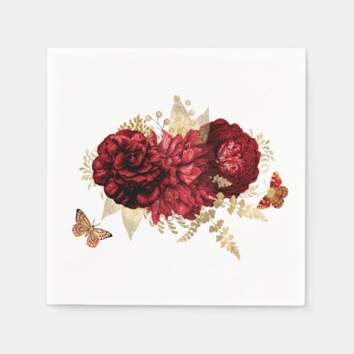Roses Red Gold Floral Butterfly Napkins