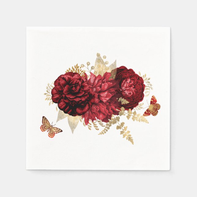 Roses Red Gold Floral Butterfly Napkins (Front)