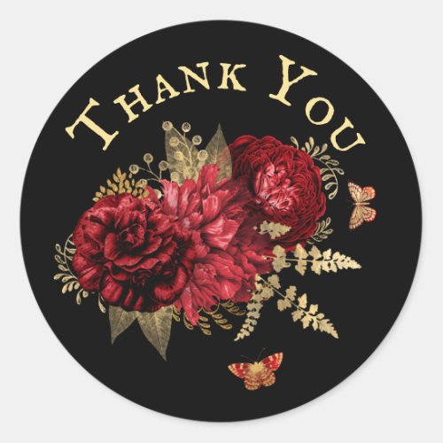 Roses Red Gold Floral Butterfly  Thank You Classic Round Sticker