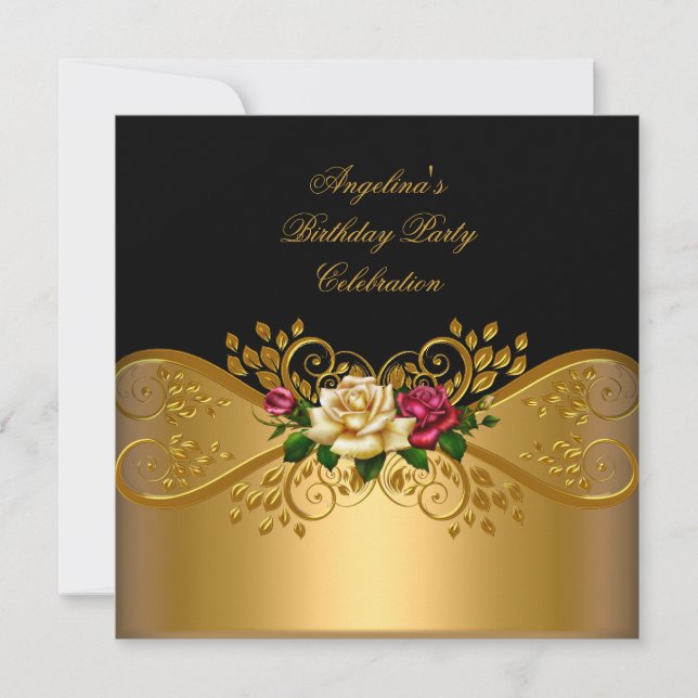 Roses Red Pink Cream Black Gold Birthday Party Invitation (Front)