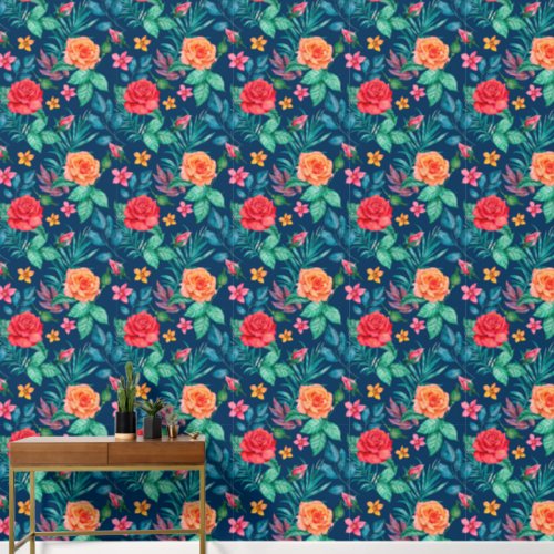 Roses Red Yellow On Navy Wallpaper