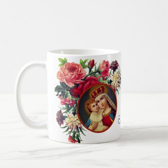 Roses Religious Virgin Mary Jesus  Memorare Prayer Coffee Mug (Left)