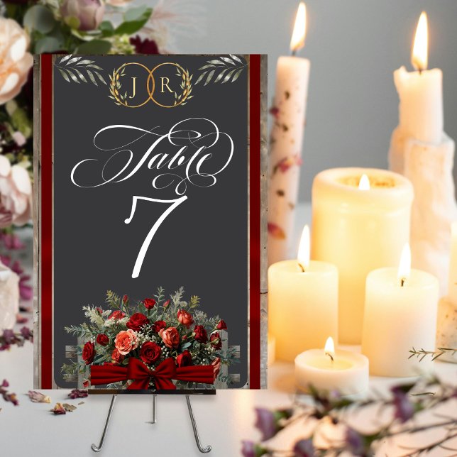 Roses, Ribbon & Monogram - Red Table Number (Creator Uploaded)