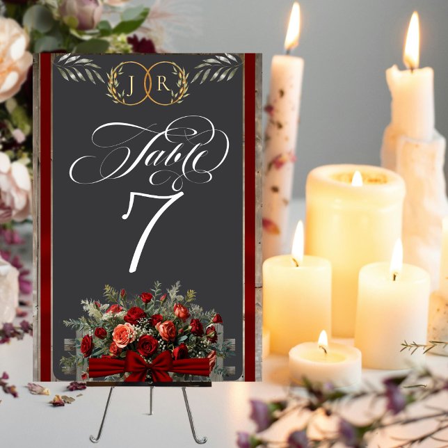 Roses, Ribbon & Monogram - Red Table Number (Creator Uploaded)