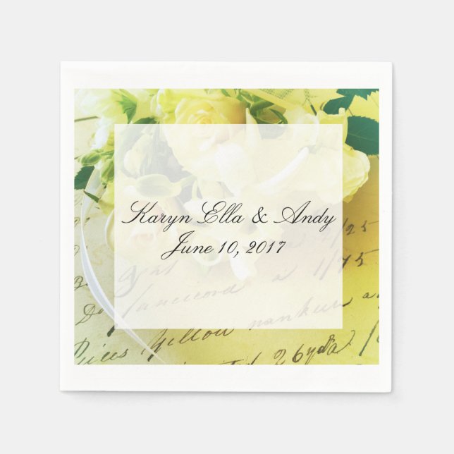 Roses, ribbon, old handwriting with text area paper napkins (Front)
