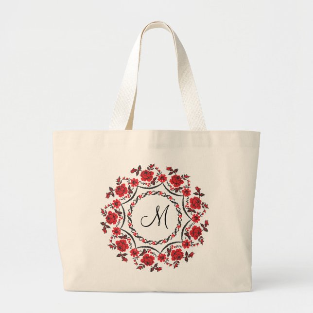 Roses ring Personalized Monogram Initial Large Tote Bag (Front)