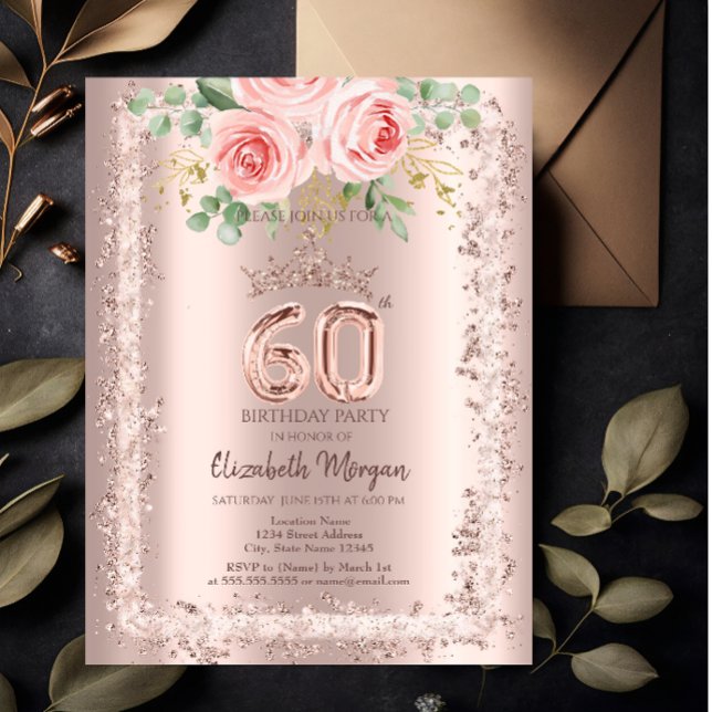 Roses,Rose Gold Glitter Frame Crown 60th Birthday Invitation (Creator Uploaded)