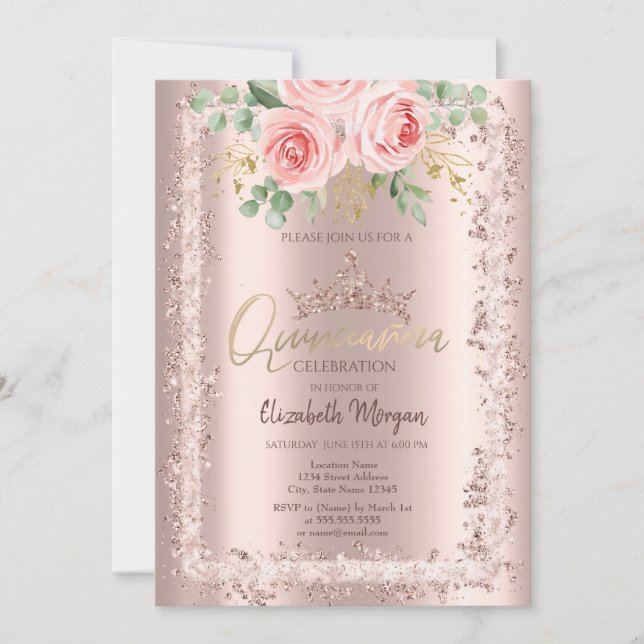 Roses,Rose Gold Glitter Frame Crown Quinceañera    Invitation (Front)
