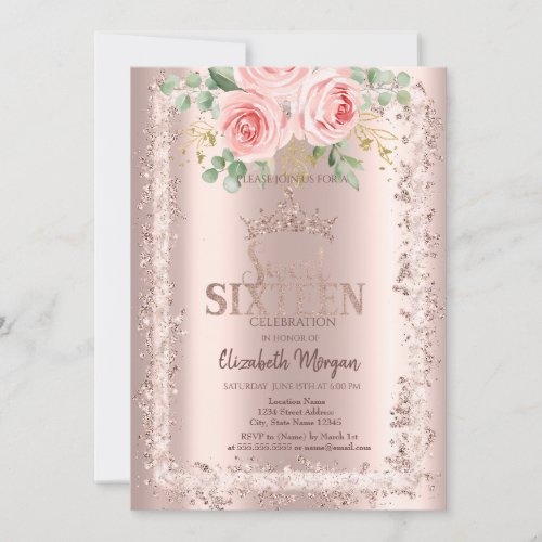 RosesRose Gold Glitter Frame Crown Sweet 16 Invitation