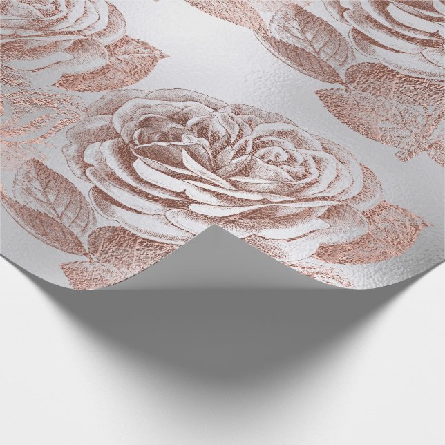Roses Rose Gold Pastel Metallic Floral Silver Gray Wrapping Paper (Corner)