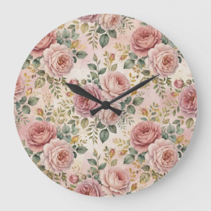 Roses Rustic Charm Dusty Rose Sage Green Gold  Large Clock