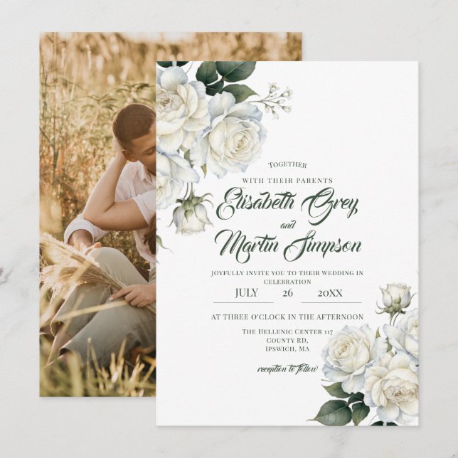 Roses Sage Elegant Floral Wedding Invitation (Front/Back)