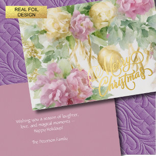 Roses Satin Ribbon Evergreen Mauve Cream Christmas Foil Holiday Card