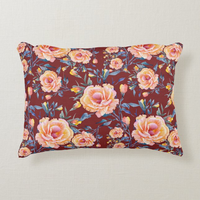 Roses, seamless, red background pattern accent pillow (Front)