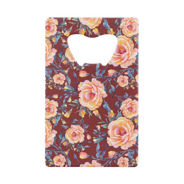 Roses, seamless, red background pattern credit card bottle opener (Front)