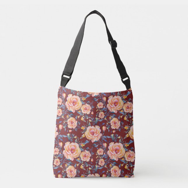 Roses, seamless, red background pattern crossbody bag (Front)