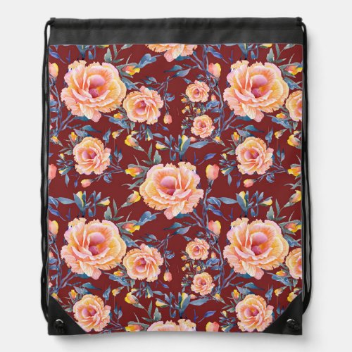 Roses seamless red background pattern drawstring bag