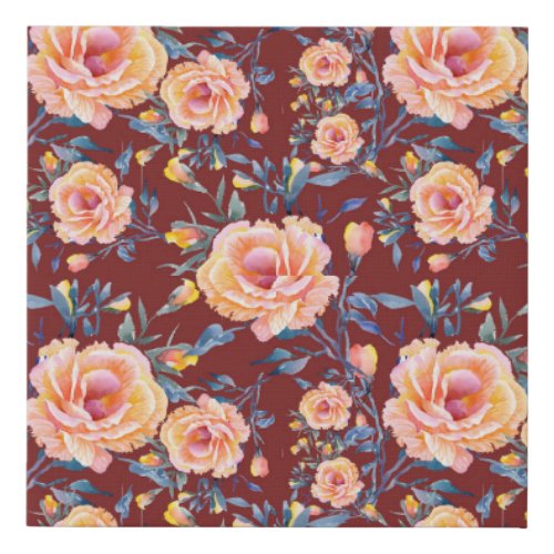 Roses seamless red background pattern faux canvas print