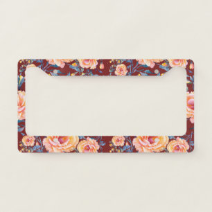Roses, seamless, red background pattern license plate frame