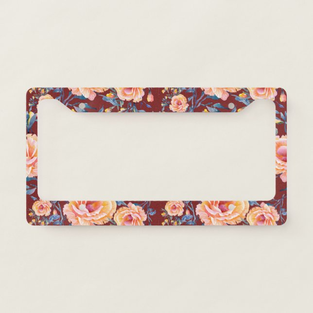 Roses, seamless, red background pattern license plate frame (Front)