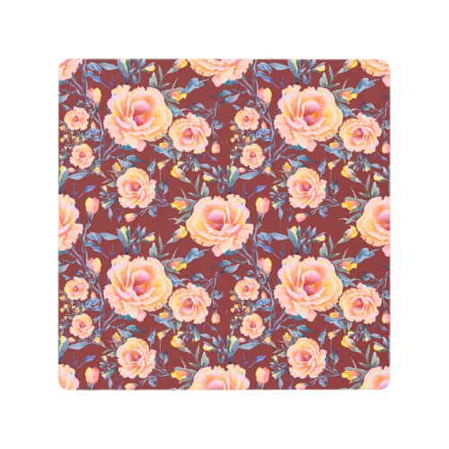 Roses seamless red background pattern metal print