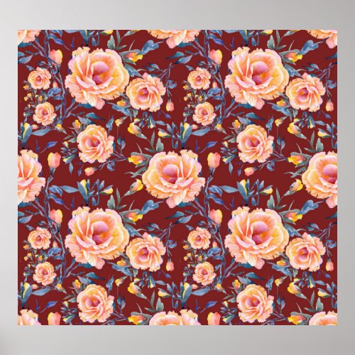 Roses seamless red background pattern poster