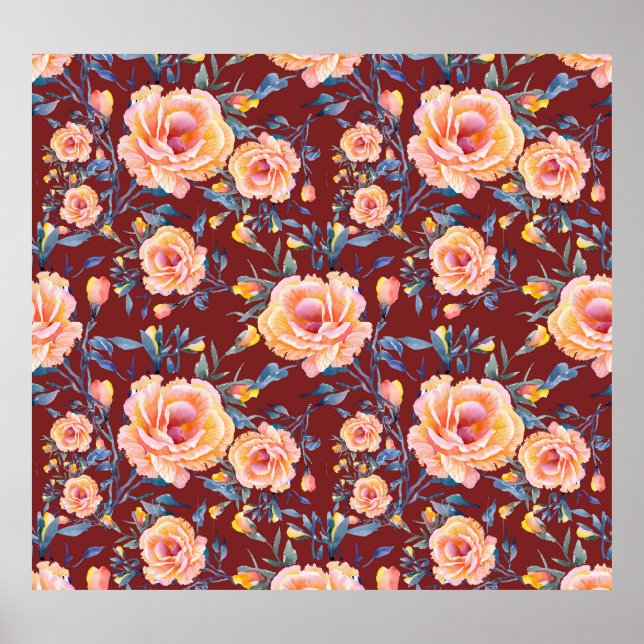 Roses, seamless, red background pattern poster (Front)