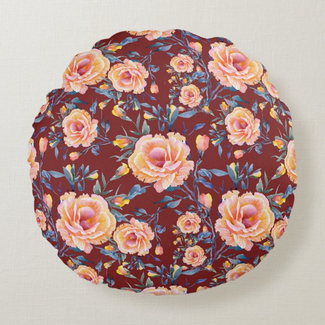 Roses, seamless, red background pattern round pillow (Front)