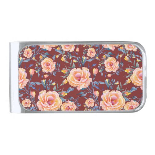 Roses seamless red background pattern silver finish money clip