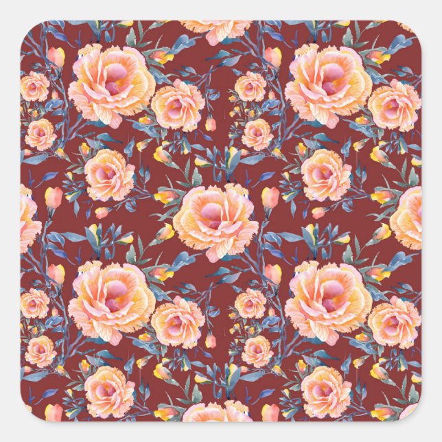 Roses, seamless, red background pattern square sticker (Front)