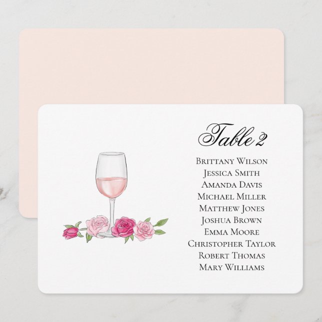 Roses seating chart. Wine glass. Floral wedding Invitation (Front/Back)