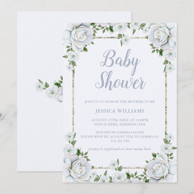 Roses & Silver Glitter  Border Floral Baby Shower Invitation (Front/Back)