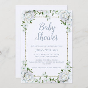 Roses & Silver Glitter Border Floral Baby Shower Invitation