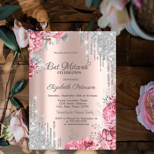 Roses Silver Glitter Drips Rose Gold Bar Mitzvah