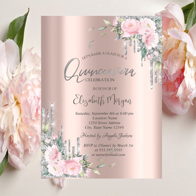 Roses,Silver Glitter Drips Rose Gold Quinceañera Invitation (Creator Uploaded)