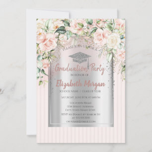 Roses Silver Grad Cap Striped Graduation Invitation