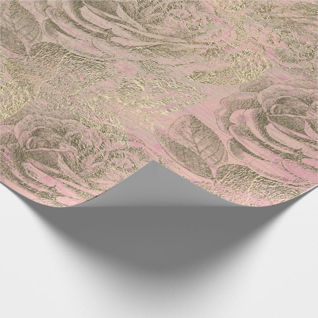 Roses Silver Gray Floral Rose Foxier Gold Pink Wrapping Paper (Corner)