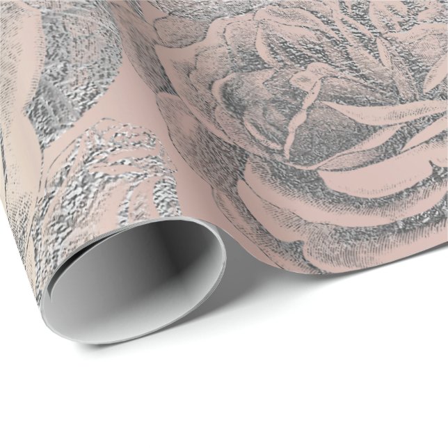 Roses Silver Gray Floral Rose Gold Blush Pink Wrapping Paper (Roll Corner)