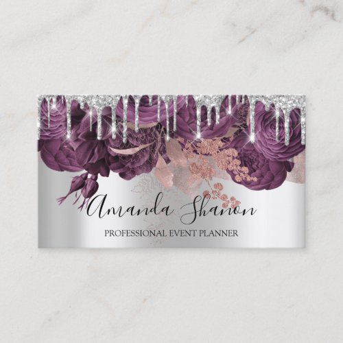 Roses Silver Gray Glitter Drip Logo Event Planner Business Card