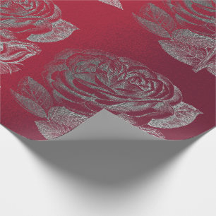 Roses Silver Gray Metallic Floral Red Wine Chic Wrapping Paper
