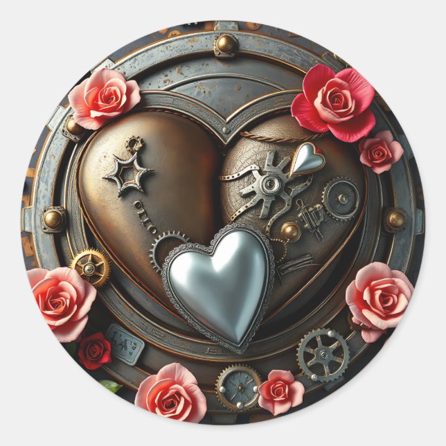 Roses, Silver Heart and Metal Gears Steampunk Classic Round Sticker (Front)