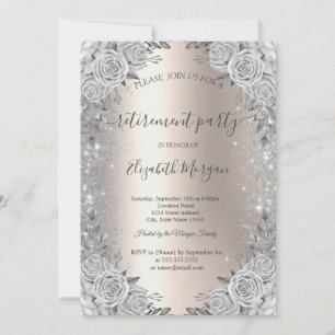 Roses Silver Sparkle Diamonds Ivory Retirement  Invitation