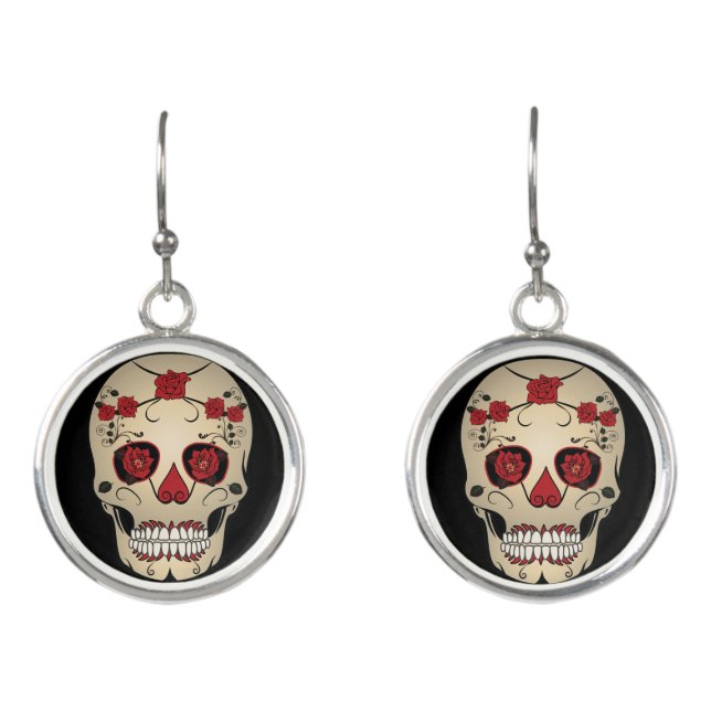 Roses Skull Earrings -Day of the Dead Jewelry (Front)