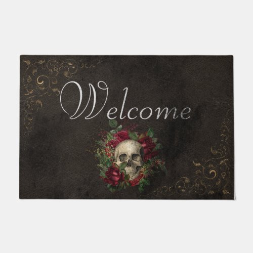 Roses  Skull Gothic Distressed Welcome Doormat