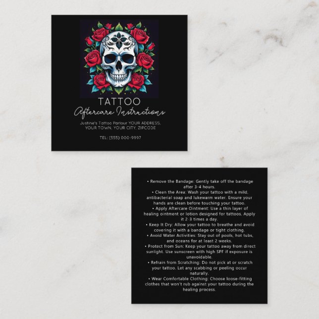 Roses skull tattoo Aftercare Instructions Stylish  Square Business Card (Front/Back)