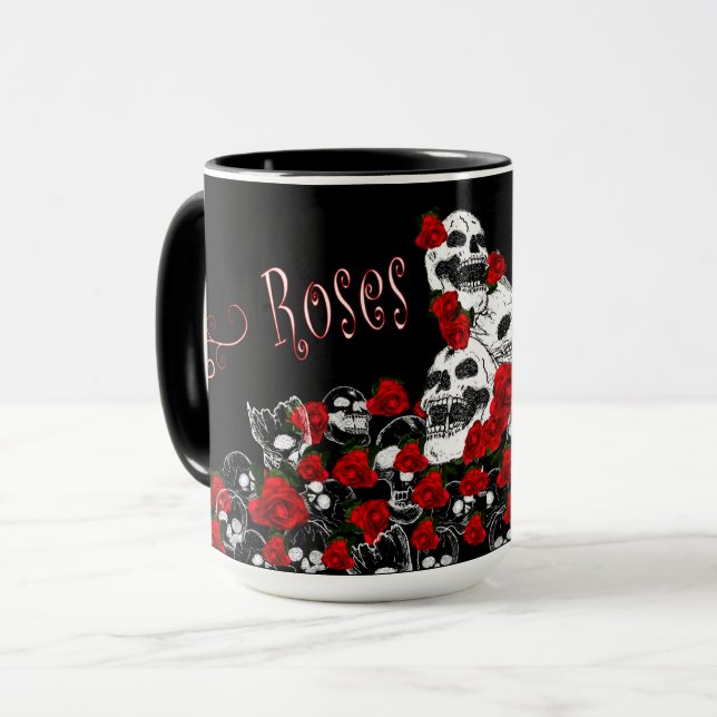 Roses & Skulls Black & Red Mug, Feminine Mug (Front Left)