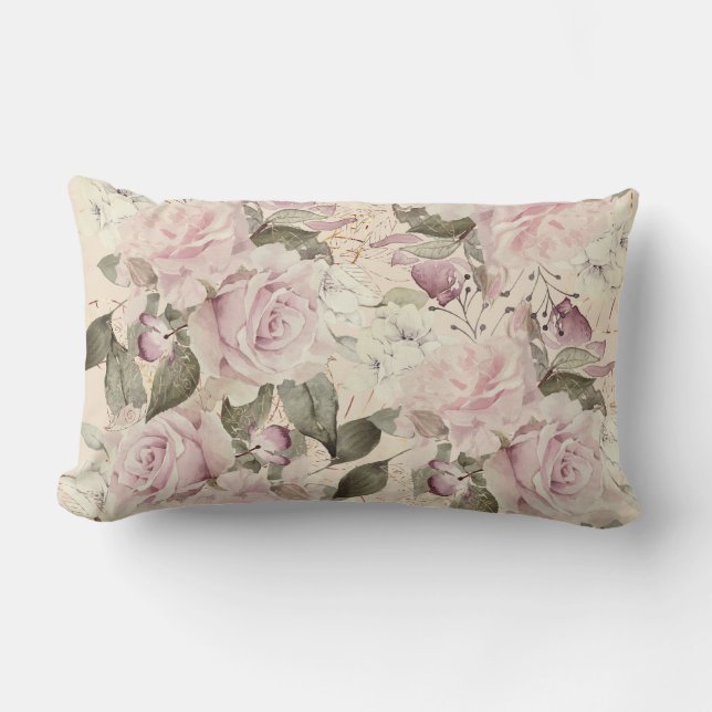 Roses Soft Pink and Cream Gold Leaf Lumbar Pillow (Front)