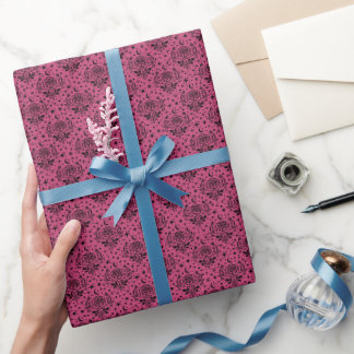Roses Stars & Dots on Ruber Pink Wrapping Paper