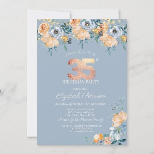  Roses String Lights Dusty Blue 35th Birthday Invitation