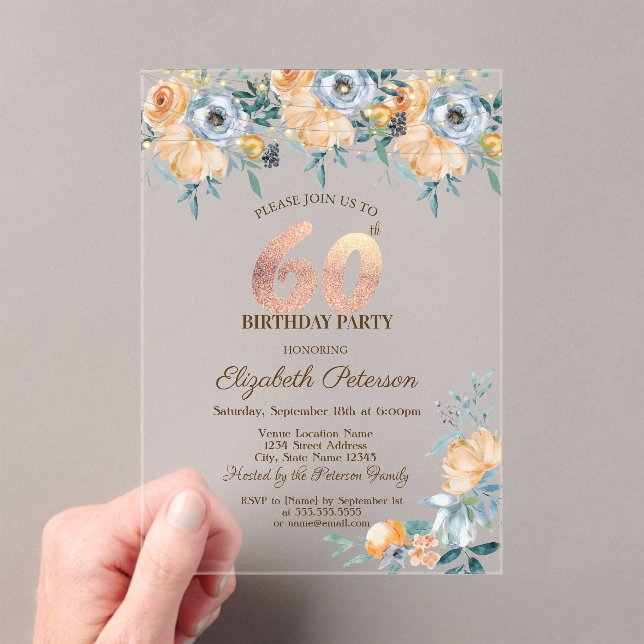  Roses String Lights Dusty Blue 60th Birthday Acrylic Invitations (Insitu (Handheld))